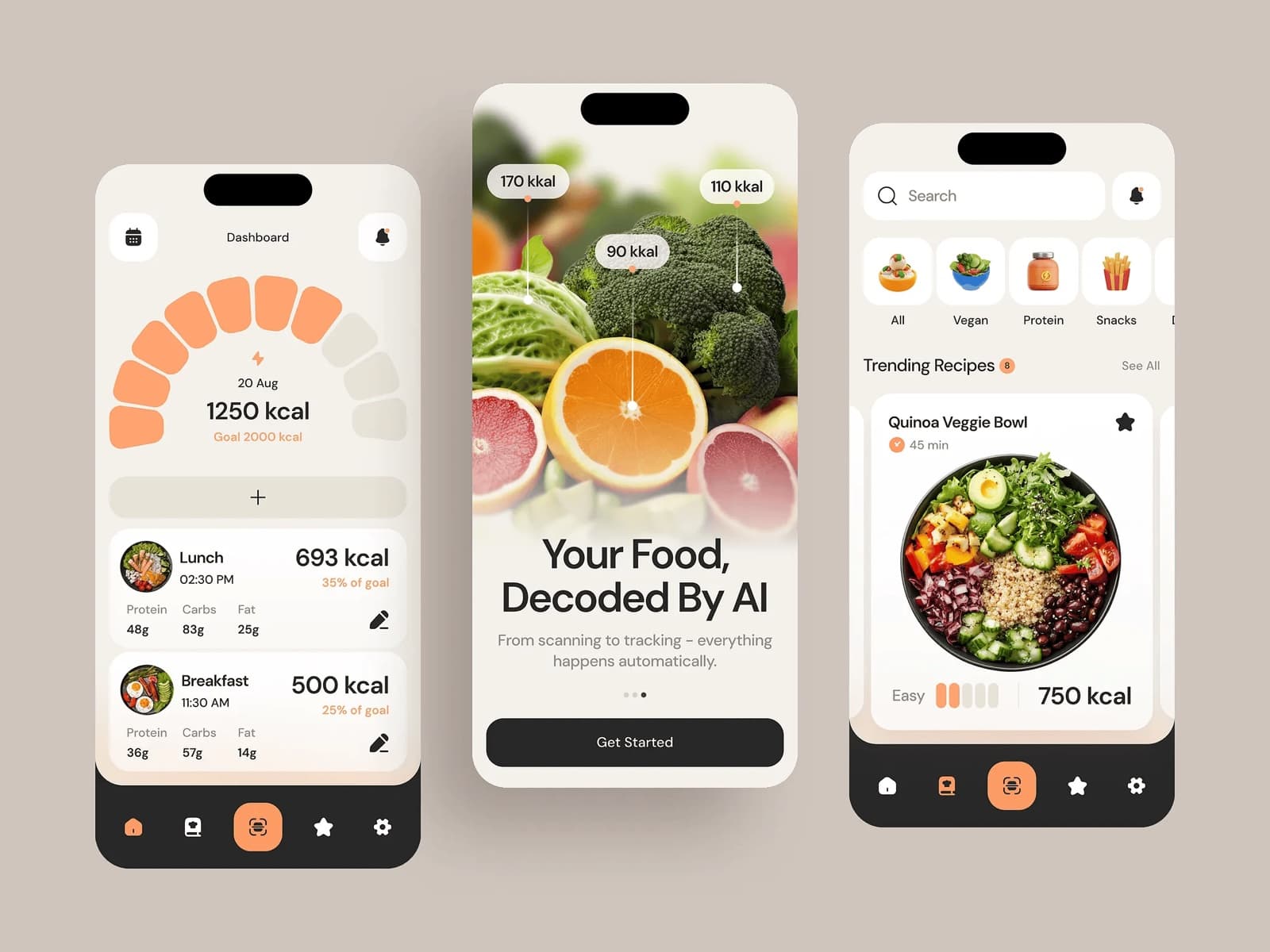 Food-tracking app screens: dashboard, AI food scanner and recipes