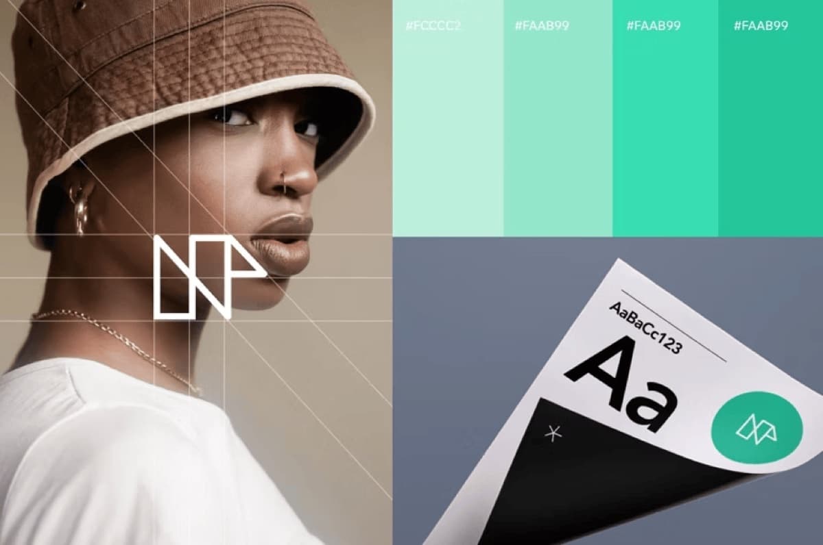 Brand identity sheet: logo on a portrait, colour palette and type sample