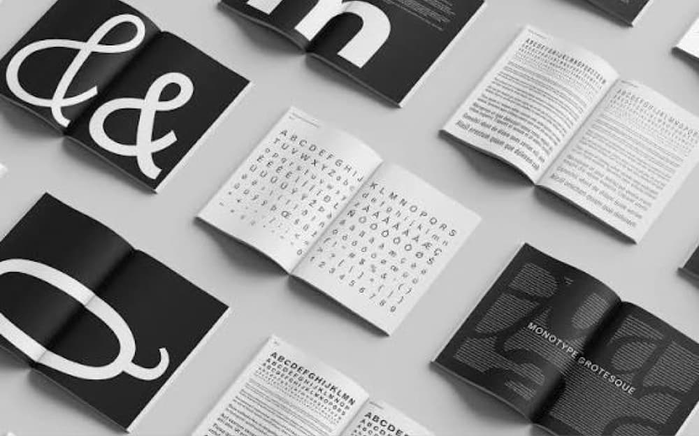 Type specimen booklets spread on a table